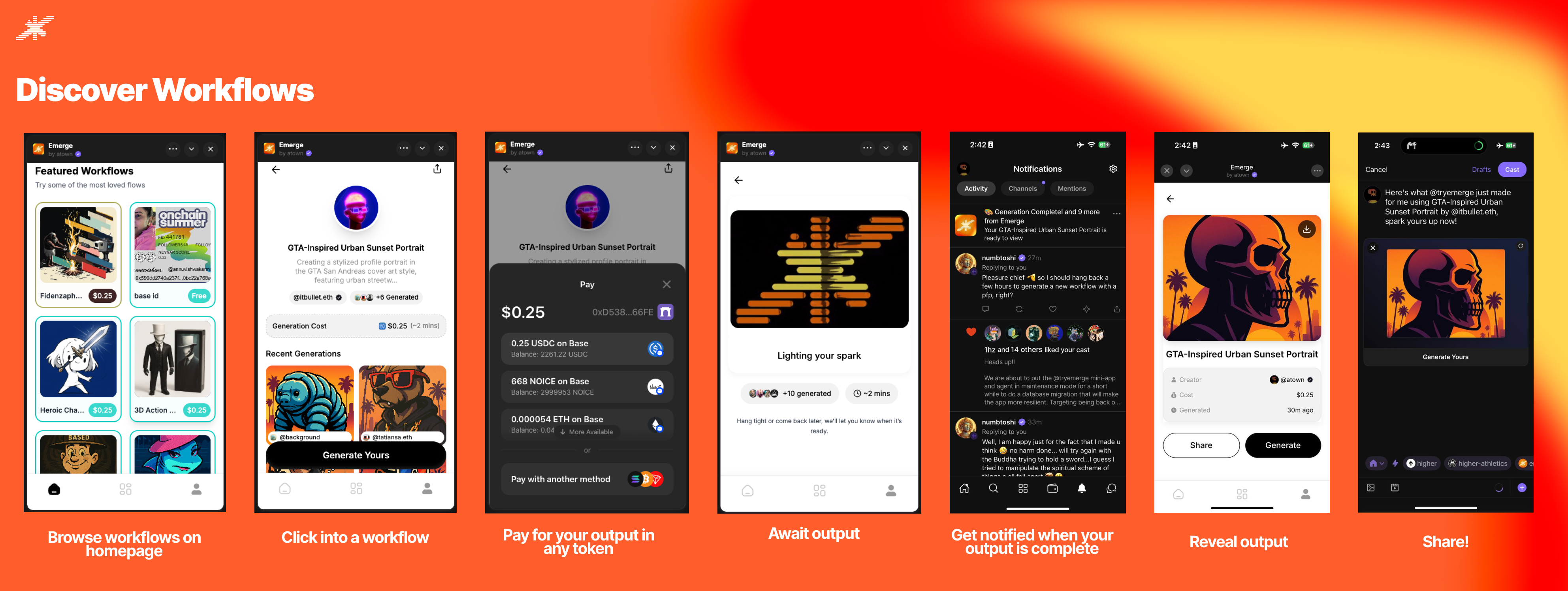 Discover Workflows Flow - Browse featured workflows, view details, pay with any token, await generation, receive notification, reveal output, and share