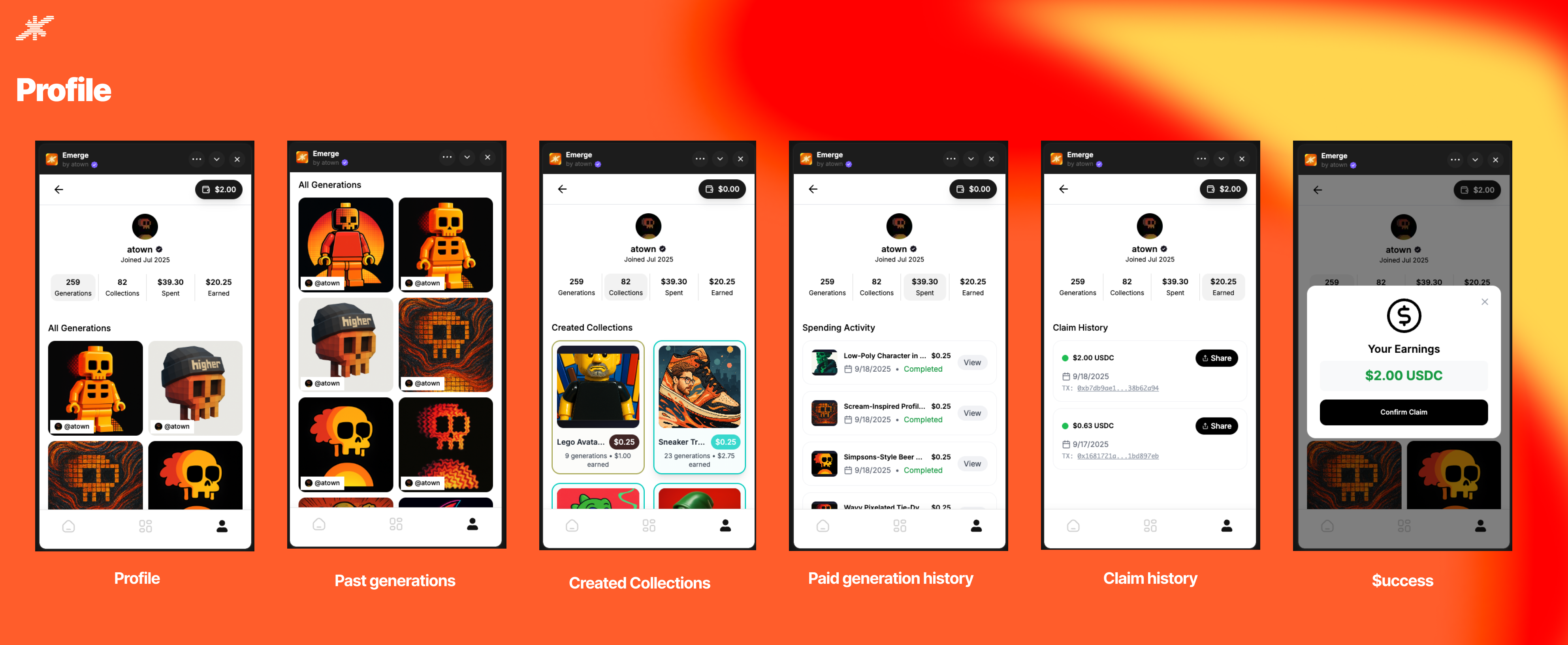 Profile and Earnings Flow - View profile stats, browse generations, manage collections, track spending, claim earnings, and confirm success